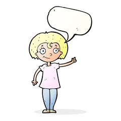 cartoon happy woman pointing with speech bubble