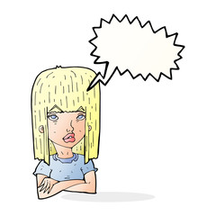 cartoon girl with folded arms with speech bubble