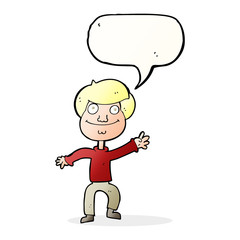 cartoon happy man waving with speech bubble