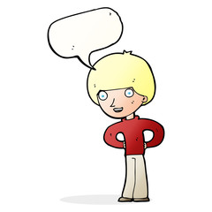 cartoon happy boy with hands on hips with speech bubble