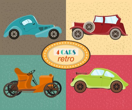 Vector set of four retro cars. Urban traffic vehicles. Icons featuring modern and retro automobiles, old fashioned vintage car. Multicolored retro cars. Isolated. Vector illustration
