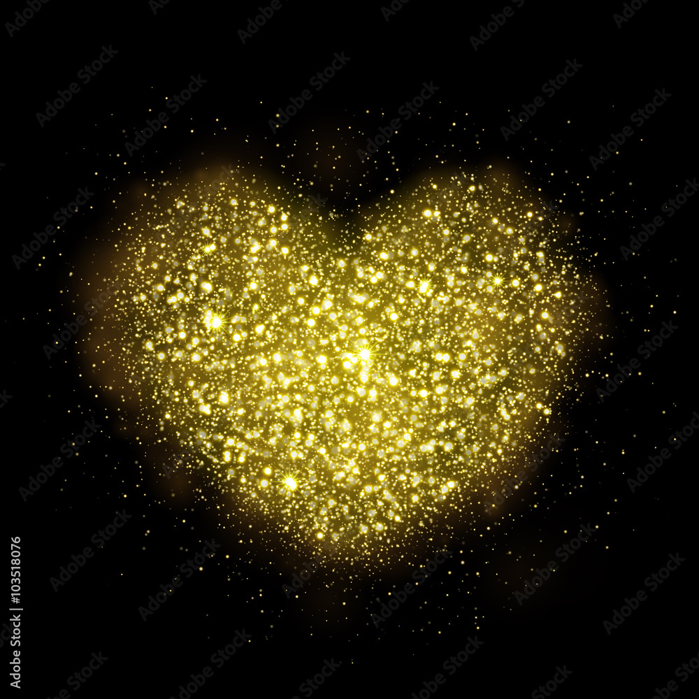 Poster vector gold sparkling heart of glittering shining particles.