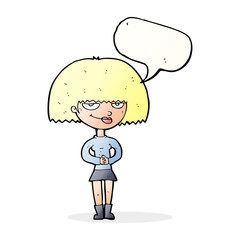 cartoon sly woman with speech bubble