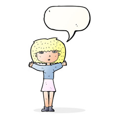 cartoon woman raising arms in air with speech bubble