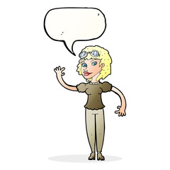 cartoon pilot woman waving with speech bubble