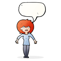 cartoon woman shrugging shoulders with speech bubble