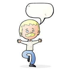 cartoon dancing man with mustache with speech bubble