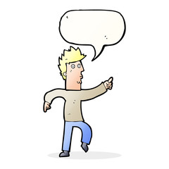 cartoon worried man pointing with speech bubble