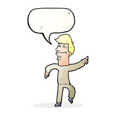 cartoon worried man pointing with speech bubble