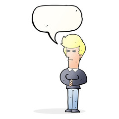 cartoon man narrowing his eyes with speech bubble