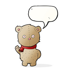 cartoon teddy bear wearing scarf with speech bubble