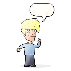 cartoon man giving peace sign with speech bubble