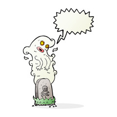 cartoon ghost rising from grave with speech bubble