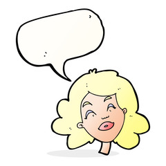 cartoon happy female face with speech bubble