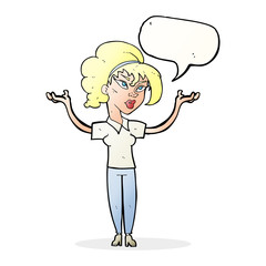 cartoon woman raising hands in air with speech bubble