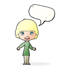 cartoon happy woman with speech bubble