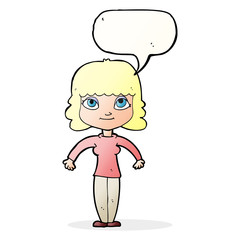 cartoon woman shrugging shoulders with speech bubble