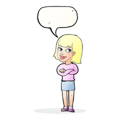 cartoon happy woman looking over with speech bubble
