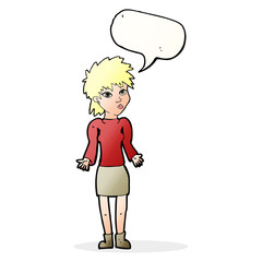 cartoon woman shrugging shoulders with speech bubble