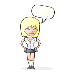 cartoon woman with hands on hips with speech bubble