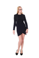 Full length portrait of an attractive professional woman wearing black dress suite and heels, isolated on a white background.