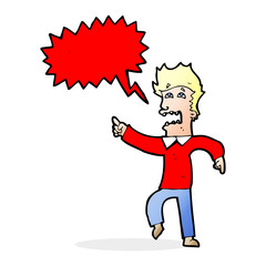 cartoon frightened man pointing with speech bubble