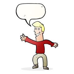 cartoon happy man dancing with speech bubble