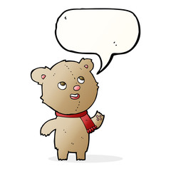cartoon teddy bear wearing scarf with speech bubble