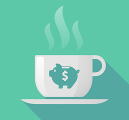 Long shadow cup of coffee with  a piggy bank