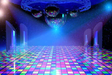 Fotobehang Disco lights background with mirror balls, chrome lattice and shining stars. 3d illustration. © Veronika