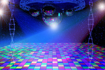 Disco lights background with mirror balls, chrome lattice and shining stars. 3d illustration. - 103519656