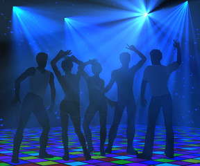 Disco party background with blue light rays and a group of young people dancing. 3d illustration. - 103519689