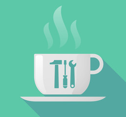 Long shadow cup of coffee with  a tool set