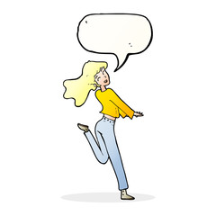cartoon happy girl kicking out leg with speech bubble