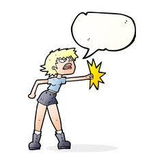 cartoon woman punching with speech bubble