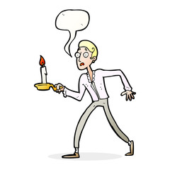 cartoon frightened man walking with candlestick with speech bubb