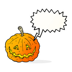 cartoon grinning pumpkin with speech bubble