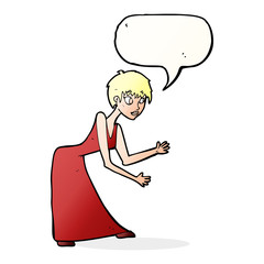 cartoon woman in dress gesturing with speech bubble