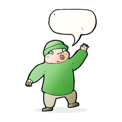 cartoon man in hat waving with speech bubble