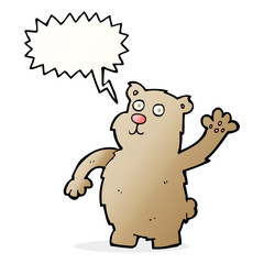 cartoon waving bear with speech bubble