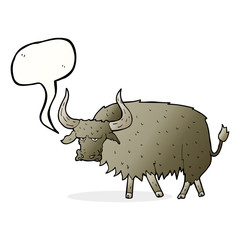 cartoon annoyed hairy cow with speech bubble