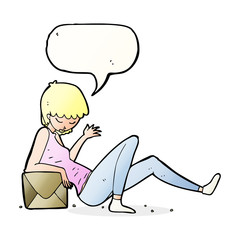 cartoon woman leaning on package box with speech bubble