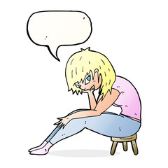cartoon woman sitting on small stool with speech bubble