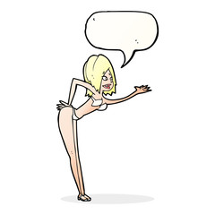 cartoon woman in bikini with speech bubble