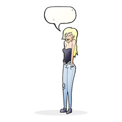 cartoon pretty woman shrugging shoulders with speech bubble