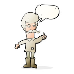 cartoon old man in poor clothes with speech bubble
