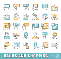 Hands holding messages. Hand gestures. Set of flat line hand and shopping icons. Premium quality outline symbol collection. Flat line icons set.