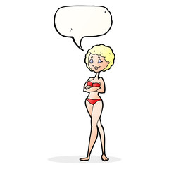 cartoon retro woman in bikini with speech bubble