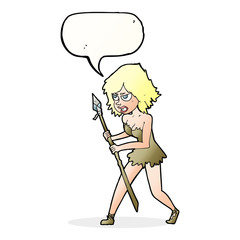 cartoon cave girl with speech bubble