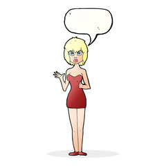 cartoon confused woman in cocktail dress with speech bubble